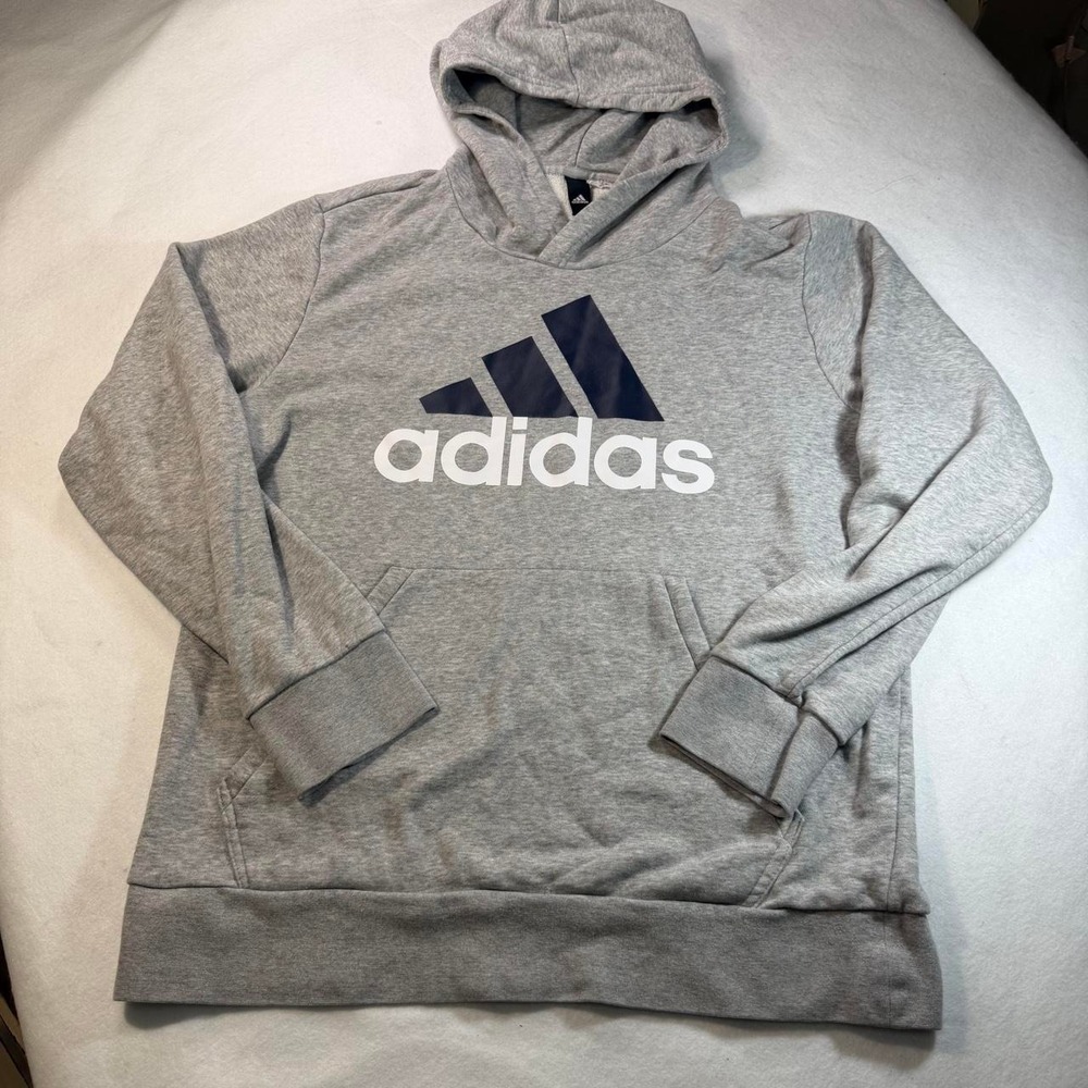 Adidas Gray Logo Pullover Hoodie Oversized Sweatshirt Mens L Large